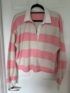 Aerie Pink and Cream Striped Rugby Polo Top